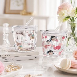 Taza de vidrio con tapa y stickers San Río 1013