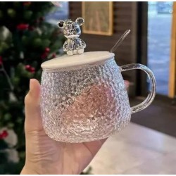Taza de vidrio con tapa de osito + cucharita 1014
