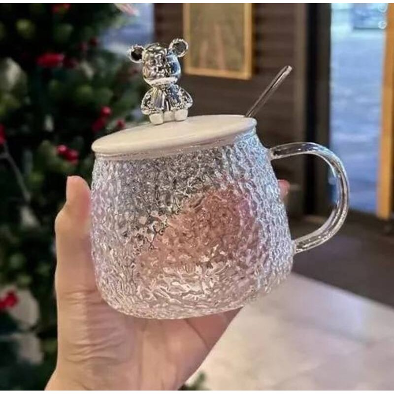 Taza de vidrio con tapa de osito + cucharita 1014