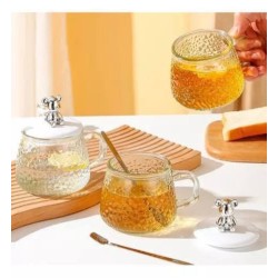 Taza de vidrio con tapa de osito + cucharita 1014