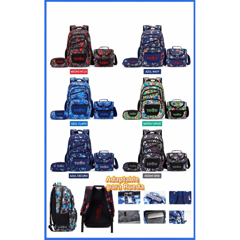 Mochila Escolar Totto 3pcs de Hombre Adaptable a Rueda 2611