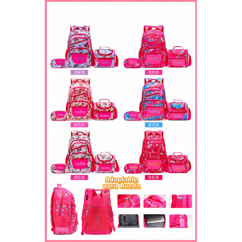 Mochila Escolar Totto 3pcs de Mujer Adaptable a Rueda 2612