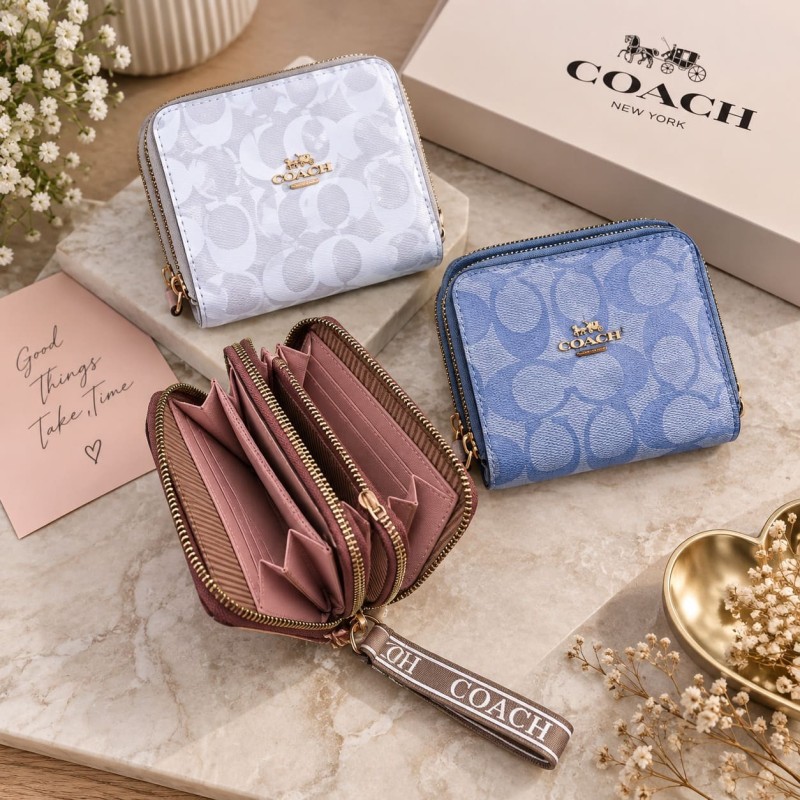 Billetera Coach Gruesa Doble Cierre WQ-31 Blanco y Celeste