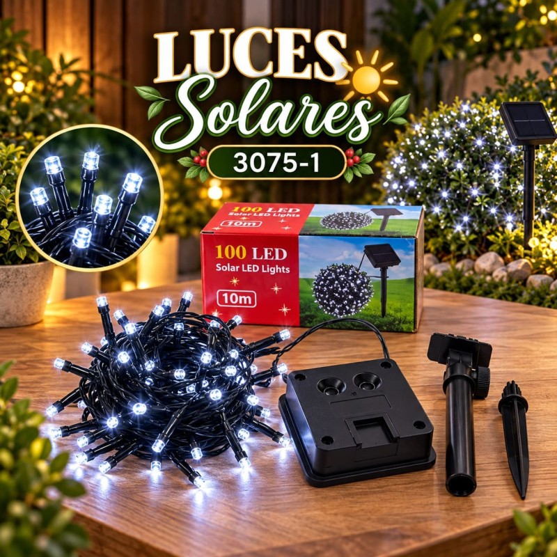 Luces Navideñas Solares 100Luces 10M Blanca 3075-1