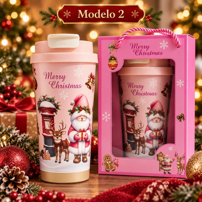 Termo Navideño Rosado 600ml de Acero Inoxidable 3491