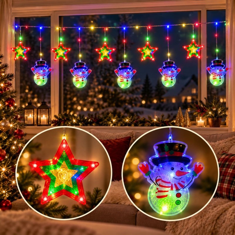 Cortina de Luces Navideñas Estrella Muñeco de Nieve Multicolor 3x1,5mt 3077