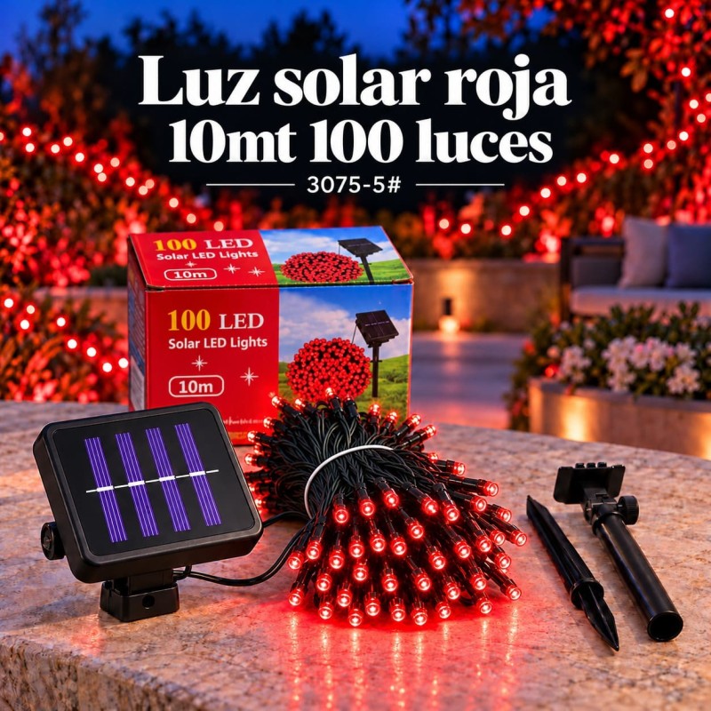 Luces Navideñas Solares 100Luces 10mt Rojas 3075-5