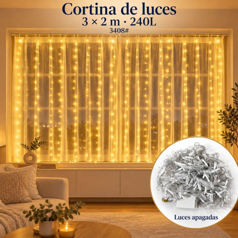 Cortina de Luces Navideña Amarilla 240 Luces 3x2mt 3408