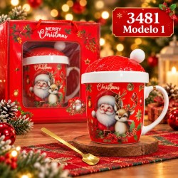Taza de Cerámica Navideña con Tapa y Cuchara 3481