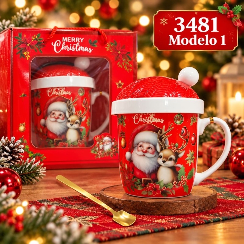 Taza de Cerámica Navideña con Tapa y Cuchara 3481