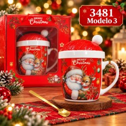 Taza de Cerámica Navideña con Tapa y Cuchara 3481