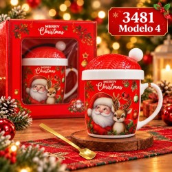 Taza de Cerámica Navideña con Tapa y Cuchara 3481