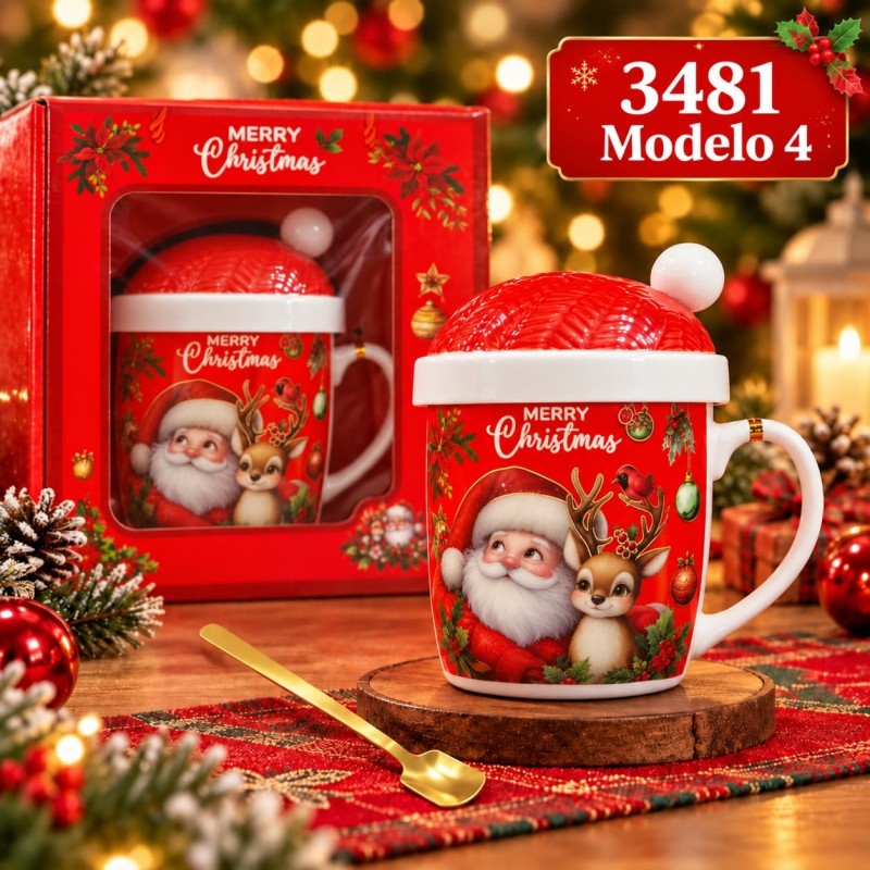Taza de Cerámica Navideña con Tapa y Cuchara 3481