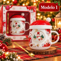 Taza de Cerámica Navideña con Tapa y Cuchara 3482
