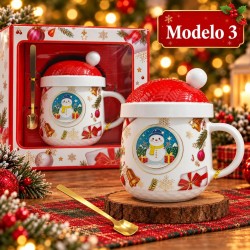 Taza de Cerámica Navideña con Tapa y Cuchara 3482