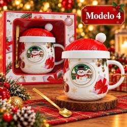 Taza de Cerámica Navideña con Tapa y Cuchara 3482