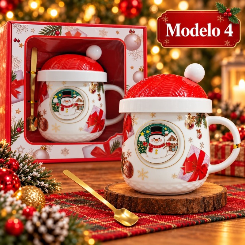 Taza de Cerámica Navideña con Tapa y Cuchara 3482