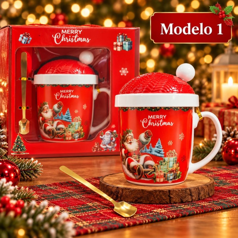 Taza de Cerámica Navideña con Tapa y Cuchara 3480