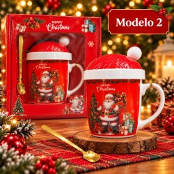 Taza de Cerámica Navideña con Tapa y Cuchara 3480