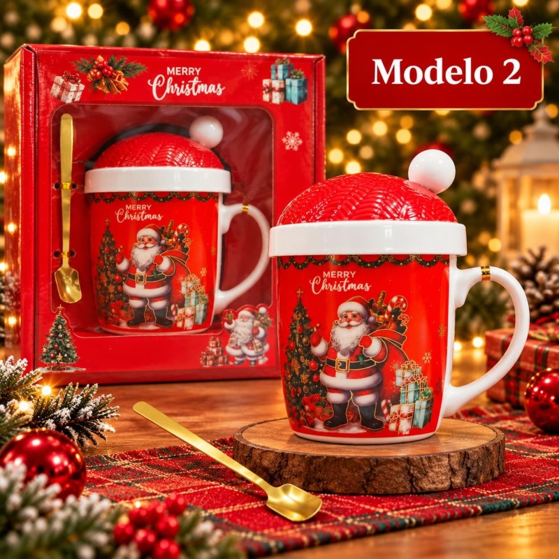 Taza de Cerámica Navideña con Tapa y Cuchara 3480