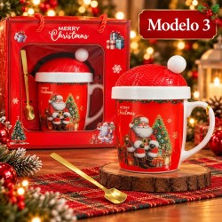 Taza de Cerámica Navideña con Tapa y Cuchara 3480