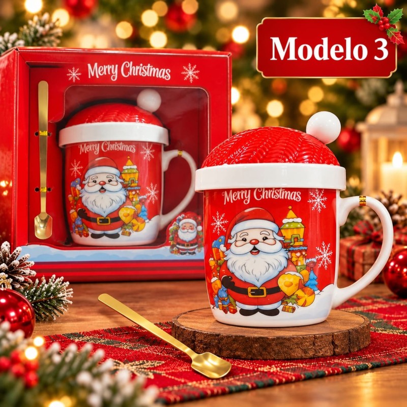 Taza de Cerámica Navideña con Tapa y Cuchara 3478