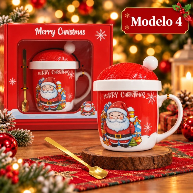 Taza de Cerámica Navideña con Tapa y Cuchara 3478