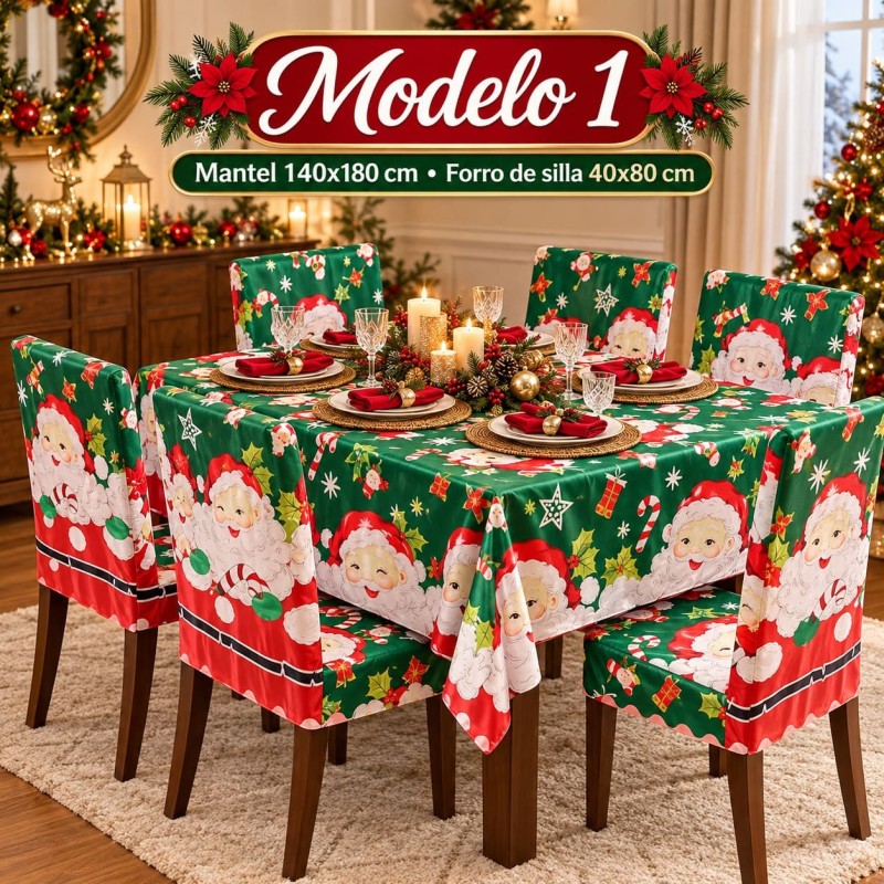 Juego de Mantel 140x180cm y Forro de 6 Sillas Navideños 40x80cm 3394