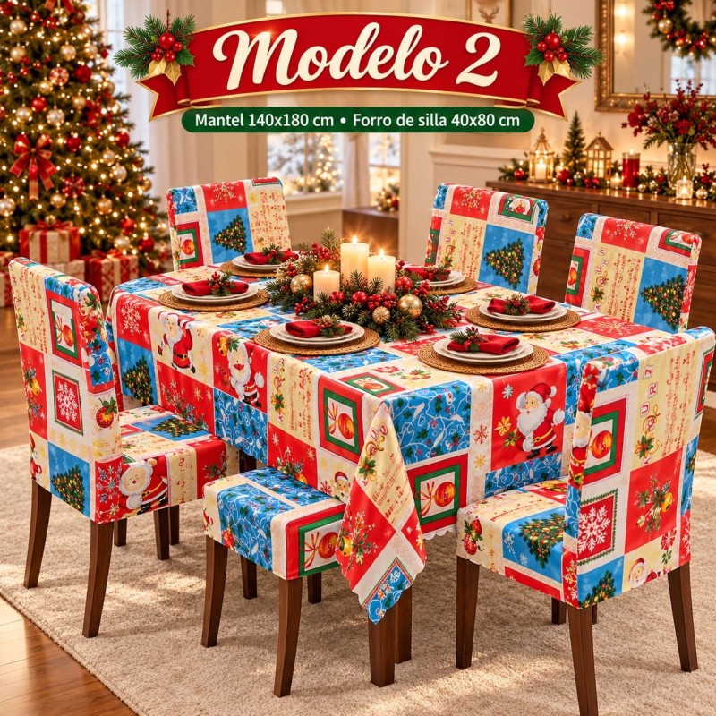 Juego de Mantel 140x180cm y Forro de 6 Sillas Navideños 40x80cm 3394