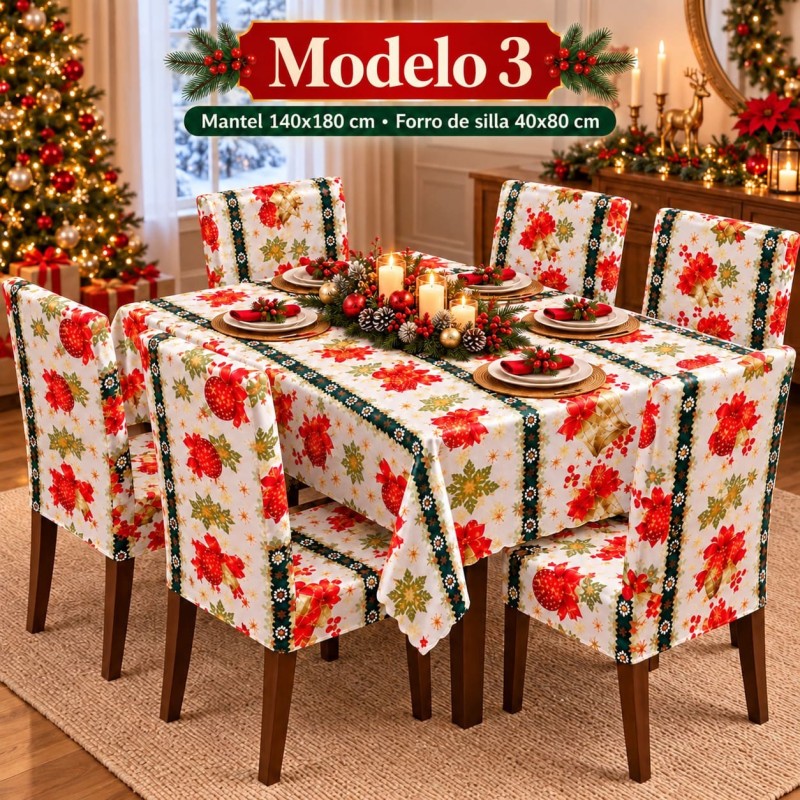 Juego de Mantel 140x180cm y Forro de 6 Sillas Navideños 40x80cm 3394