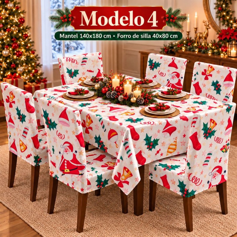 Juego de Mantel 140x180cm y Forro de 6 Sillas Navideños 40x80cm 3394