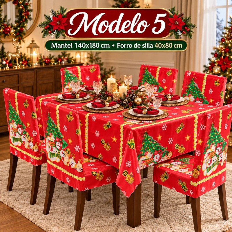Juego de Mantel 140x180cm y Forro de 6 Sillas Navideños 40x80cm 3394