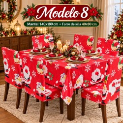 Juego de Mantel 140x180cm y Forro de 6 Sillas Navideños 40x80cm 3394