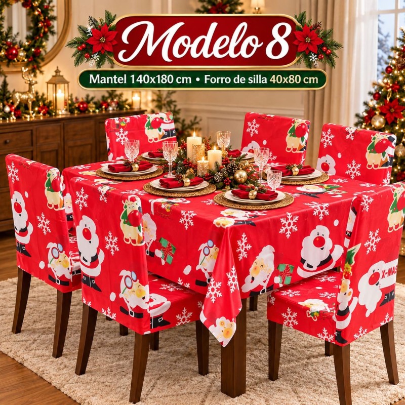 Juego de Mantel 140x180cm y Forro de 6 Sillas Navideños 40x80cm 3394
