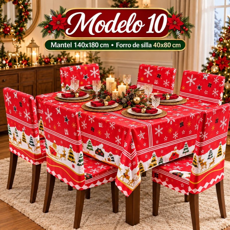 Juego de Mantel 140x180cm y Forro de 6 Sillas Navideños 40x80cm 3394