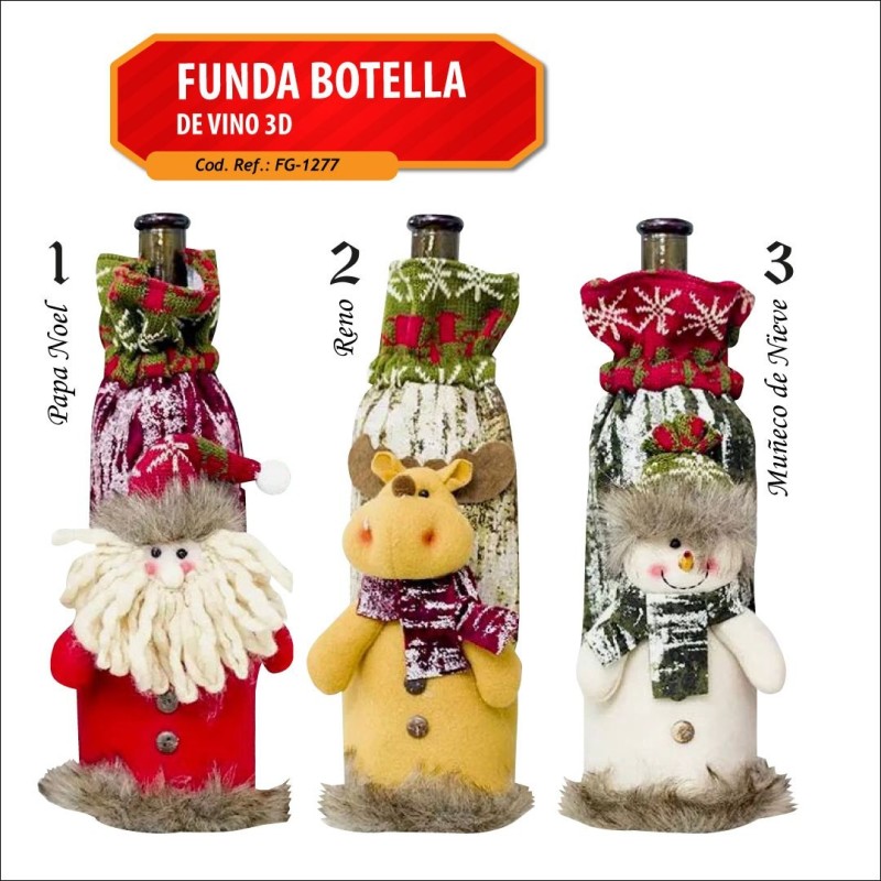 Forro Navideño para Botella de Vino FG-1277  (PAPÁ NOEL Y MUÑECO DE NIEVE)