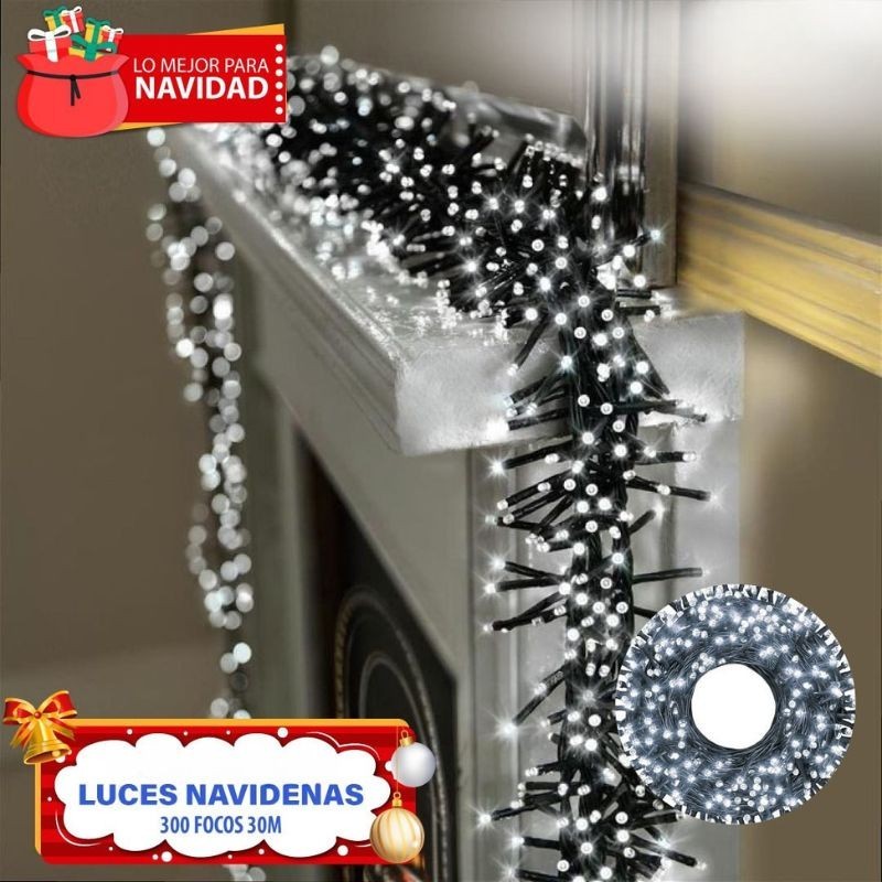 LUCES NAVIDEÑAS CABLE VERDE LUZ BLANCA 300 FOCOS 30MT Y-058