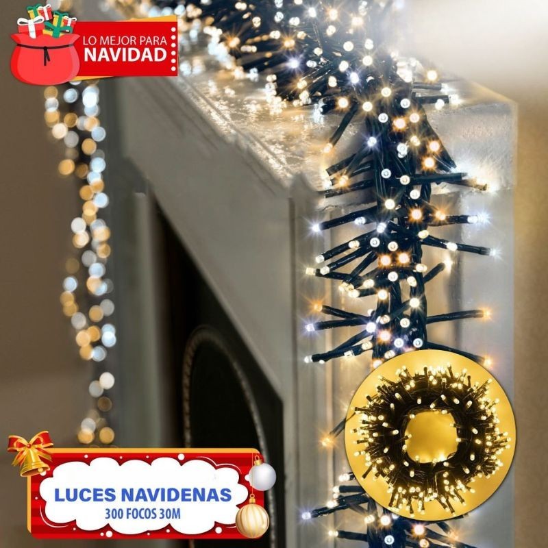 LUCES NAVIDEÑAS CABLE VERDE LUZ AMARILLA 30MT 300LED Y-057