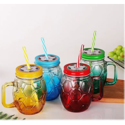 VASO DE VIDRIO CON TAPA Y SORBETE DISEÑO BALÓN DE FUTBOL DY589