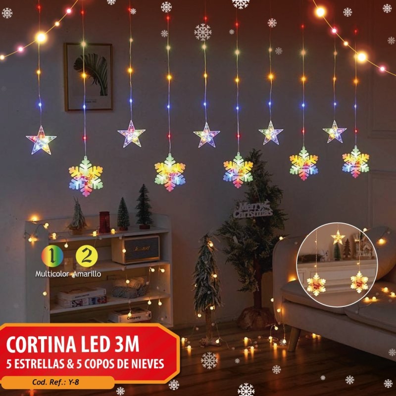 Cortina Led 5 Estrella y 5 Copos de Nieves Amarilla Y-8