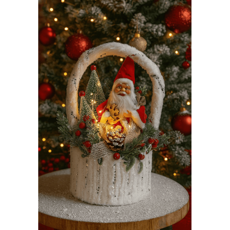 Papá Noel en canasto con luces 40cm 3255